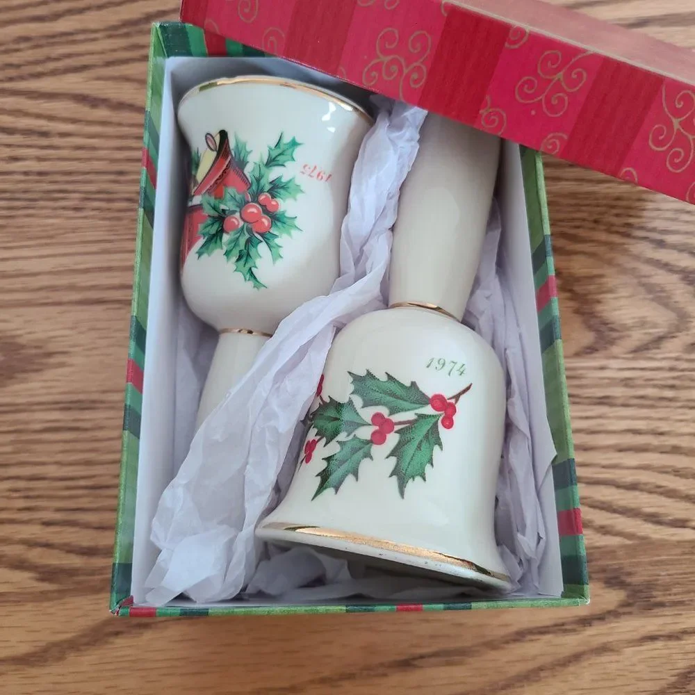 Vintage 1974 and 1975 Porcelain Ceramic Christmas Holiday Hand Dinner Bells